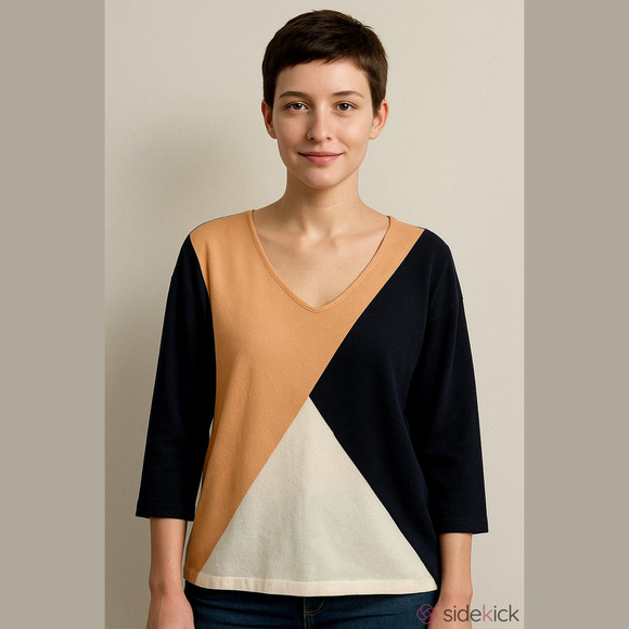 Aaeda Sweater Top, SZ M, PTP 22", Length 24", Off Center V Neck, Tri-Color Top, - Picture 7 of 7